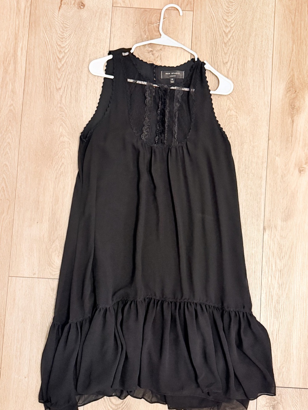 Max Studio Black Sleeveless Lace-Yoke Ruffle Dress